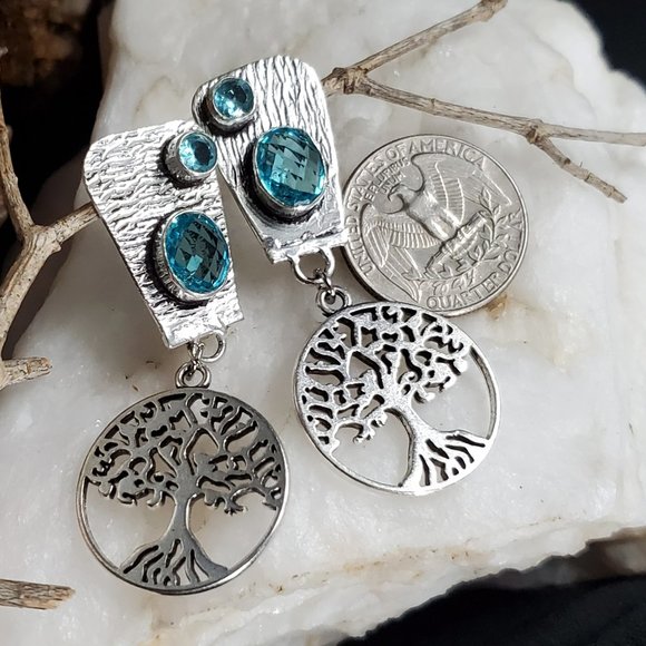 #GIFT Classic Silver Earrings Tree  Blue - Picture 3 of 4